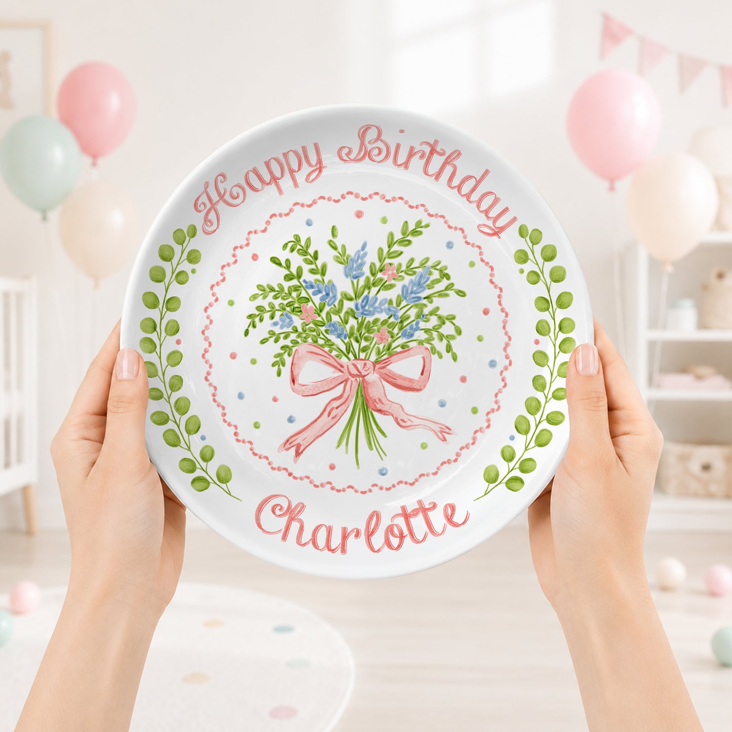 Soft Floral Bouquet Personalized Birthday Plate for Girls P61TIZ0