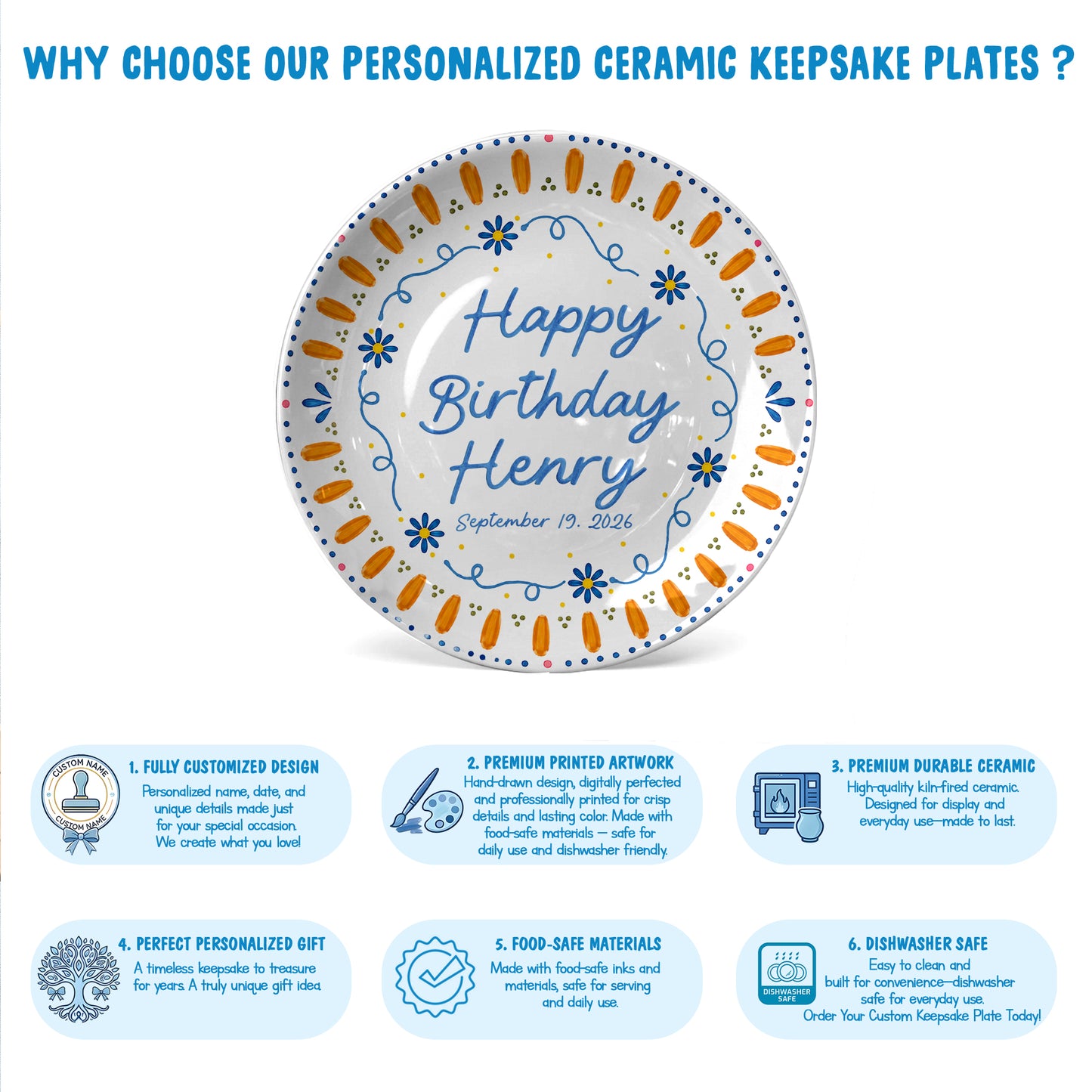 Orange Sunburst Border with Blue Flowers Personalized Birthday Plate P626HW0