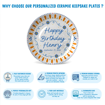 Orange Sunburst Border with Blue Flowers Personalized Birthday Plate P626HW0
