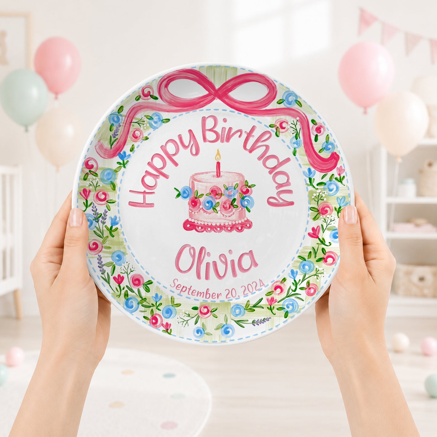 Pink Bow Floral Cake Personalized Birthday Plate P64HKN0