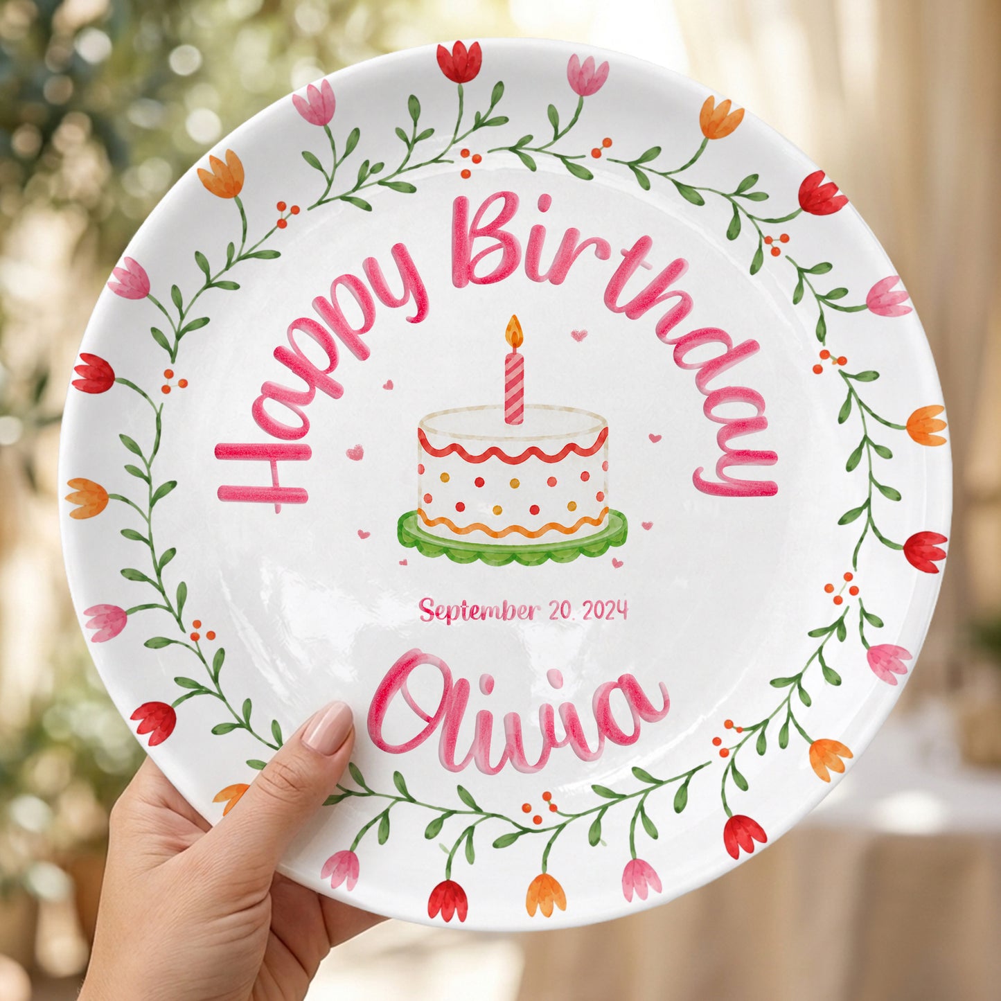 Tulip Floral Personalized Birthday Plate for Kids, Custom Name and Date Ceramic Keepsake P85E4U0