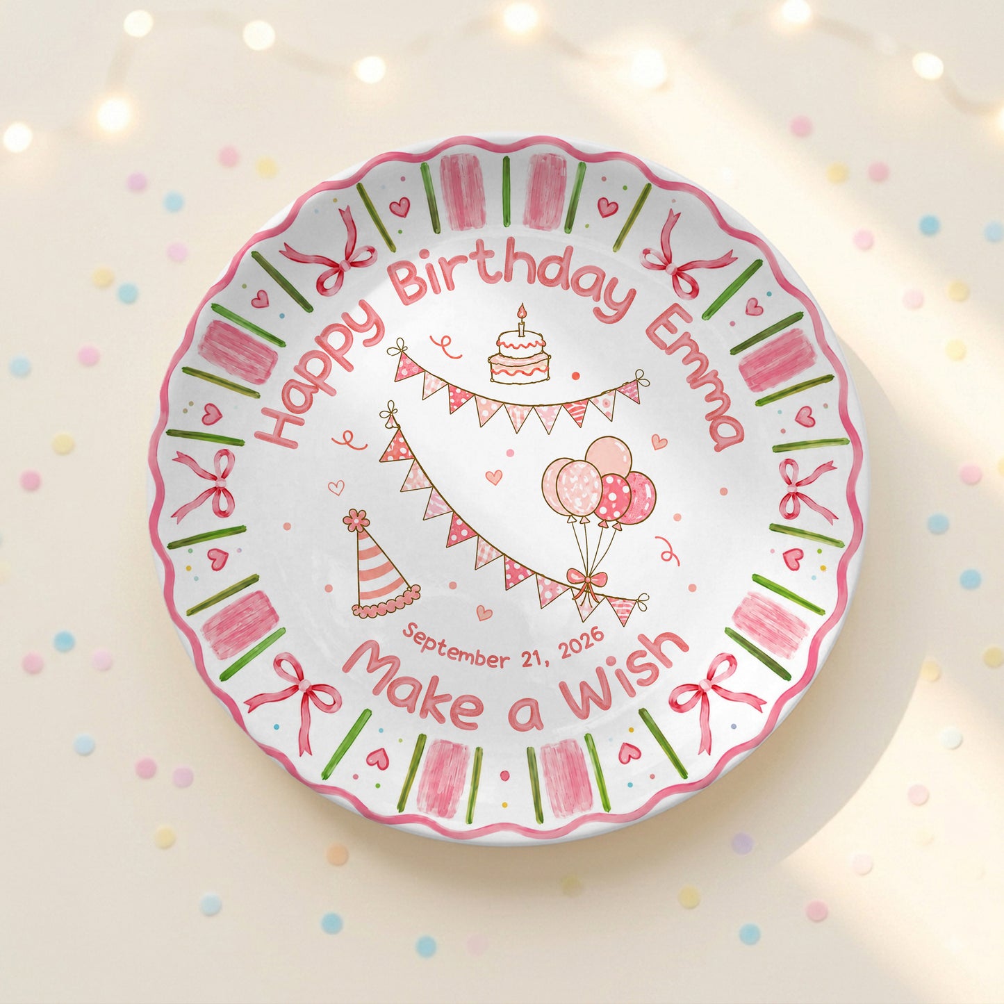 Pink Floral Girl Cake Balloon Make Wish Personalized Birthday Plate P810UCS0