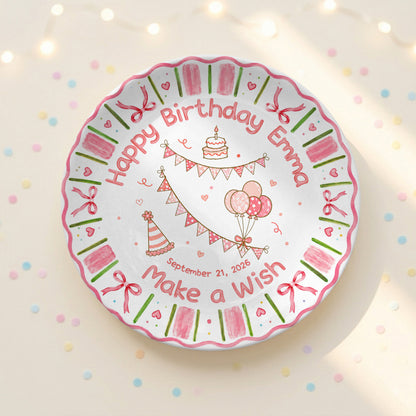 Pink Floral Girl Cake Balloon Make Wish Personalized Birthday Plate P810UCS0