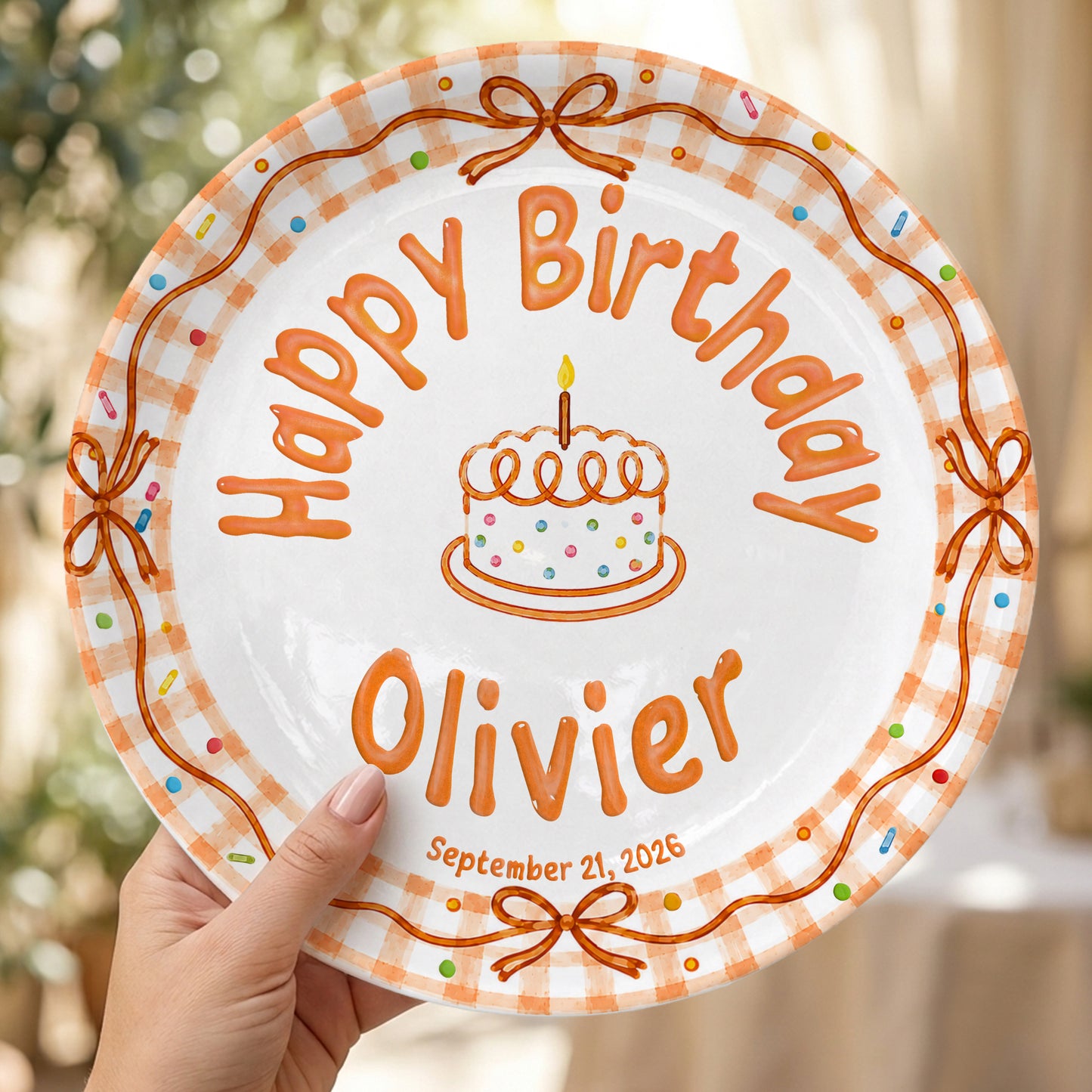 Orange Gingham Bow Personalized Birthday Plate for Kids, Custom Name and Date Ceramic Keepsake P85RP60