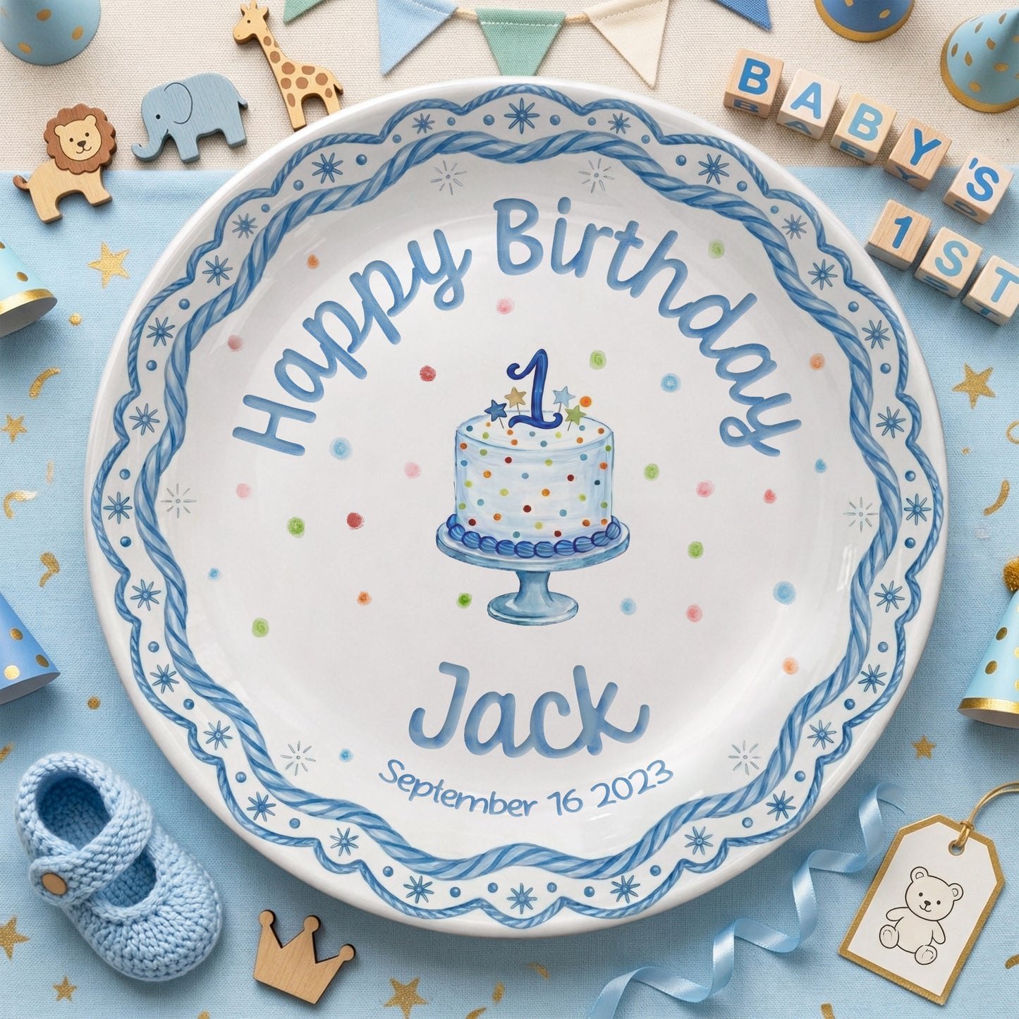 Blue Scallop Border Personalized Birthday Plate P417LAJ0