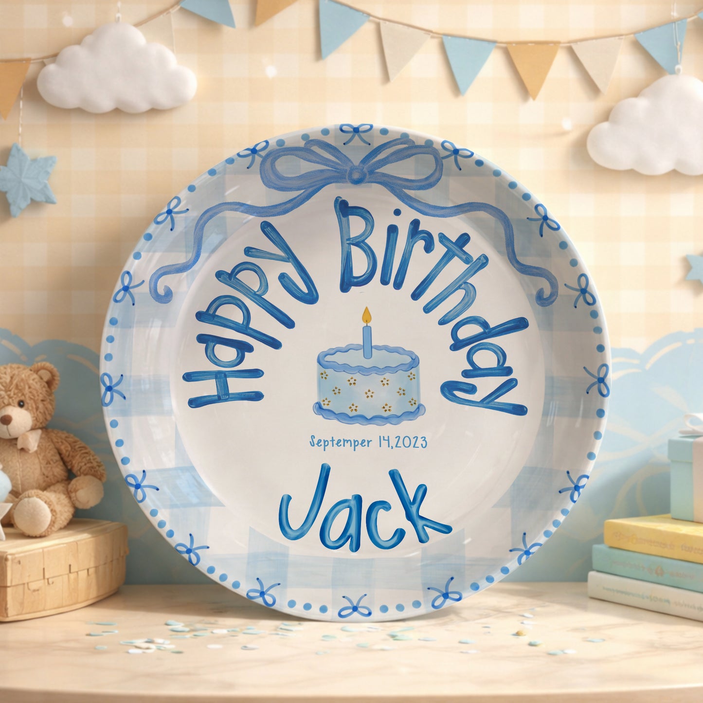 Soft Blue Gingham Personalized Birthday Plate P410VFL0