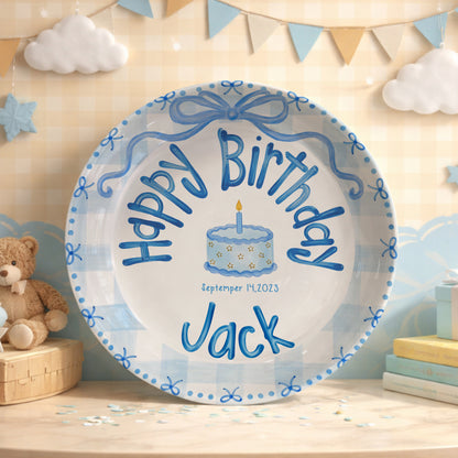 Soft Blue Gingham Personalized Birthday Plate P410VFL0