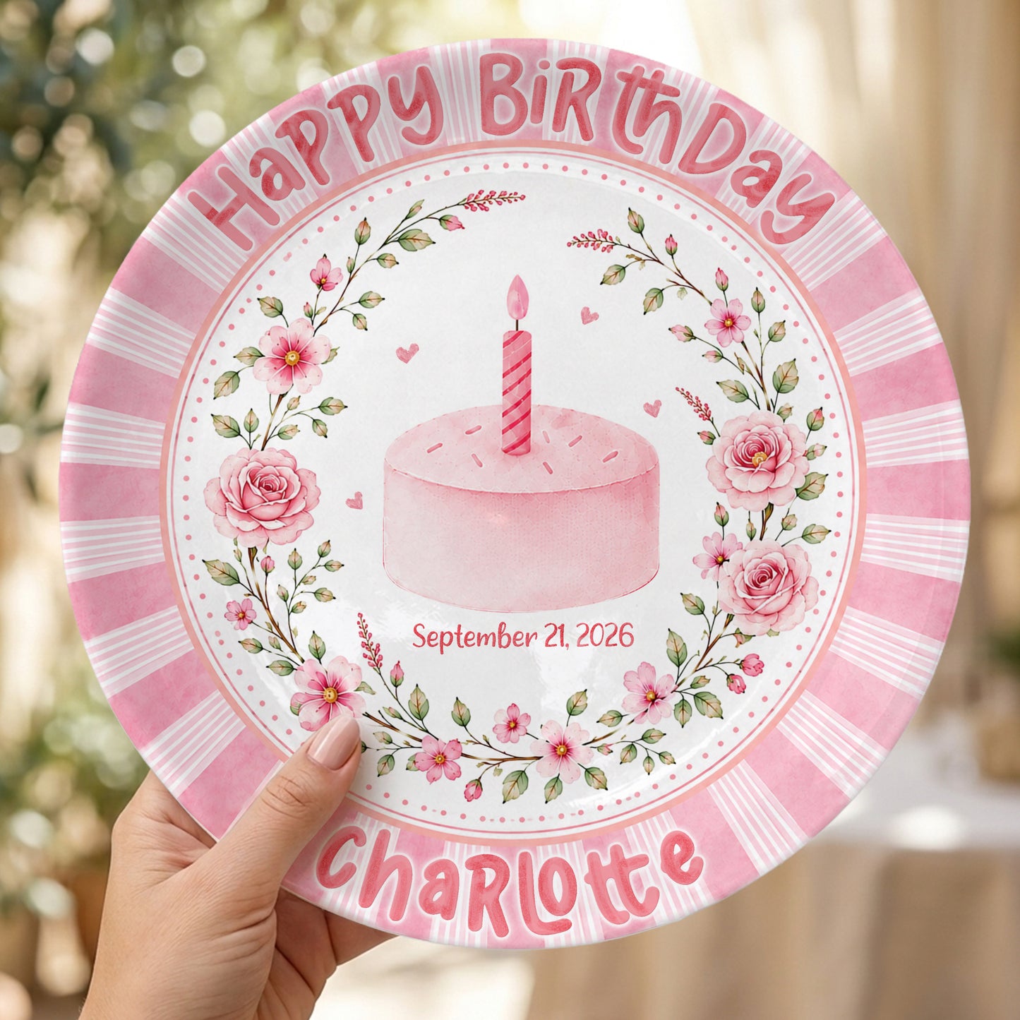 Pink Floral Cake Keepsake Personalized Birthday Plate for Baby Girls P872UD0