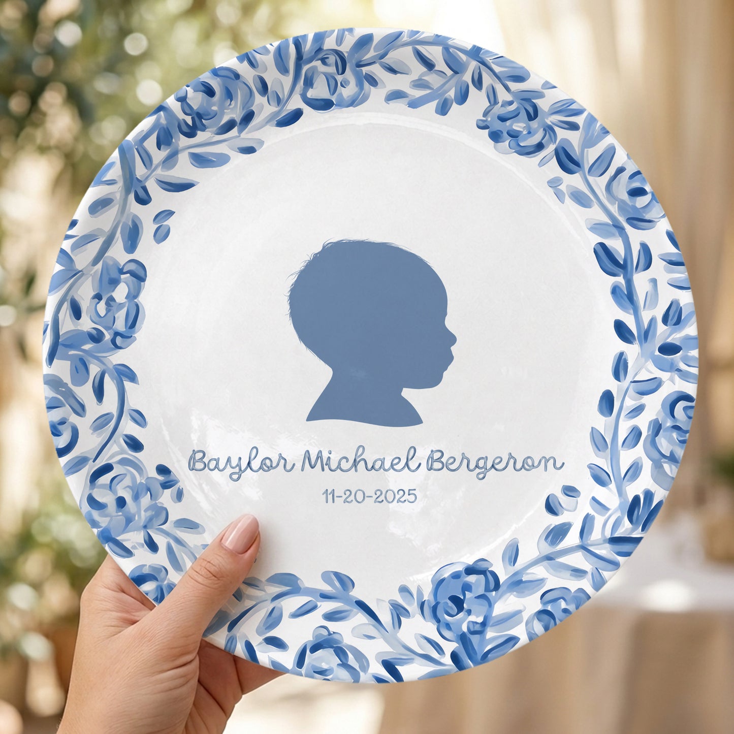Blue Floral Silhouette Personalized Birthday Plate for Kids, Custom Name and Date Ceramic Keepsake P85LY90