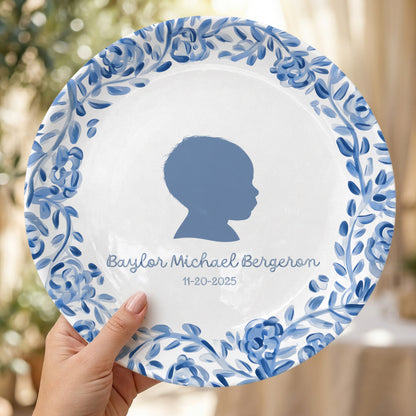 Blue Floral Silhouette Personalized Birthday Plate for Kids, Custom Name and Date Ceramic Keepsake P85LY90