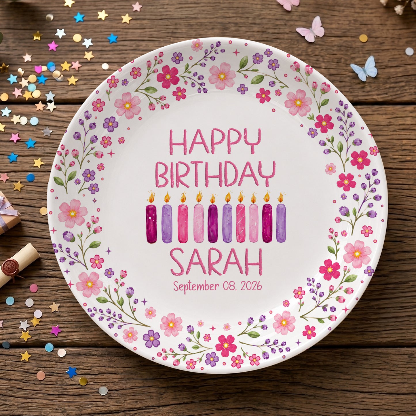 Floral Birthday Candles Personalized Birthday Plate for Girls D625JGX0