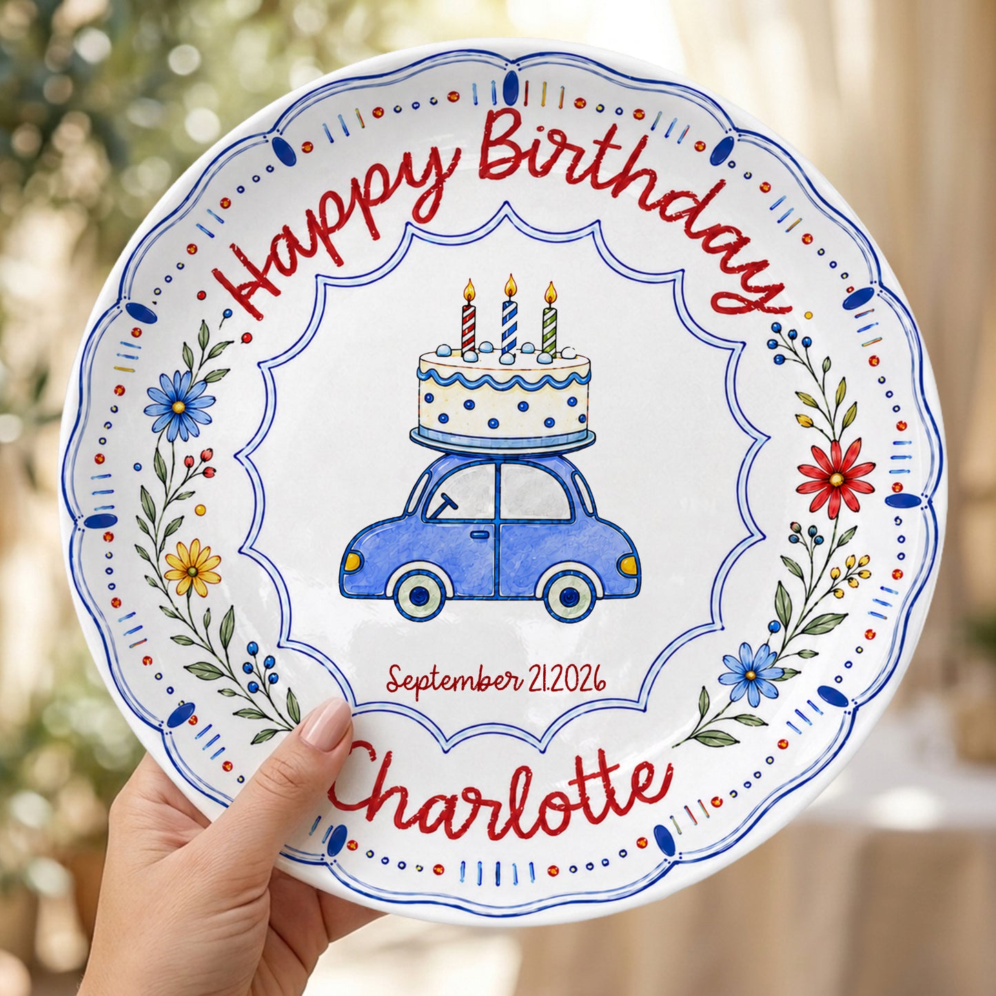 Blue Car Floral Personalized Birthday Plate for Kids Keepsake Gift P8124VP0