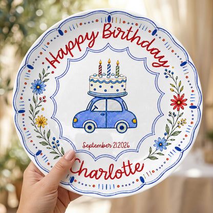 Blue Car Floral Personalized Birthday Plate for Kids Keepsake Gift P8124VP0