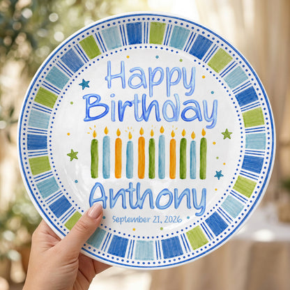 Blue Candle Celebration Personalized Birthday Plate for Kids Ceramic Keepsake Gift P728GIG0