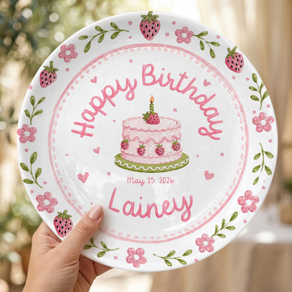 Strawberry Floral Cake Keepsake Ceramic Personalized Birthday Plate for Kids P83M4Y0