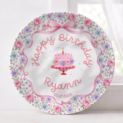 Pink Bow Floral Birthday Keepsake Personalized Birthday Plate D73RDS0