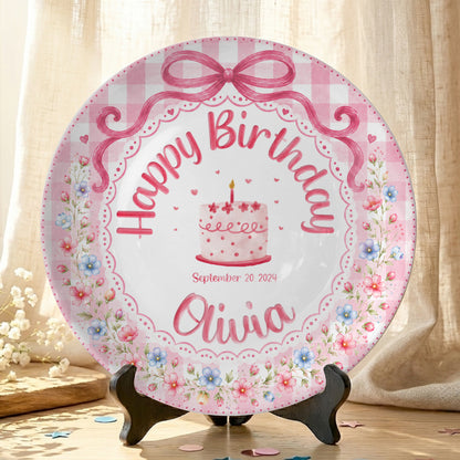 Pink Gingham Floral Bow Cake Personalized Birthday Plate for Girls P520UDC0