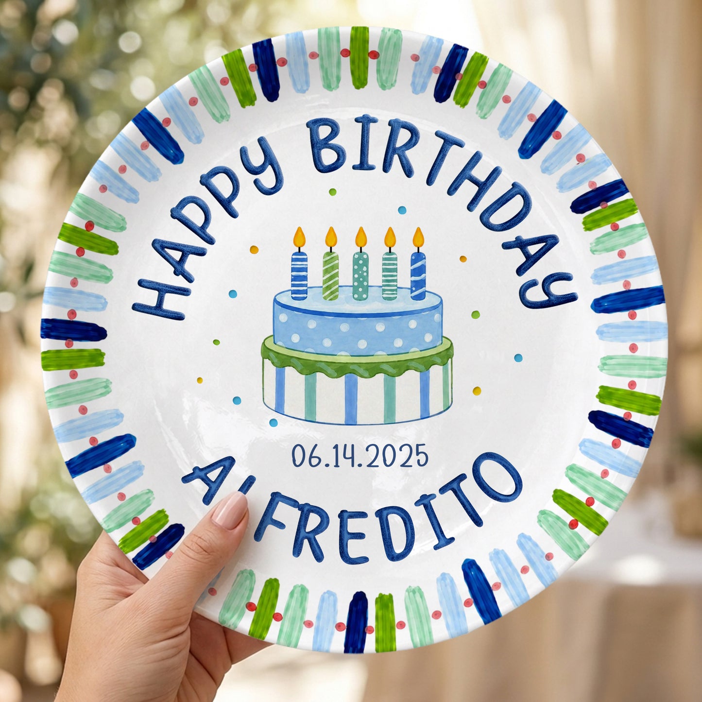 Blue Stripe Birthday Cake Personalized Birthday Plate P728HNA0