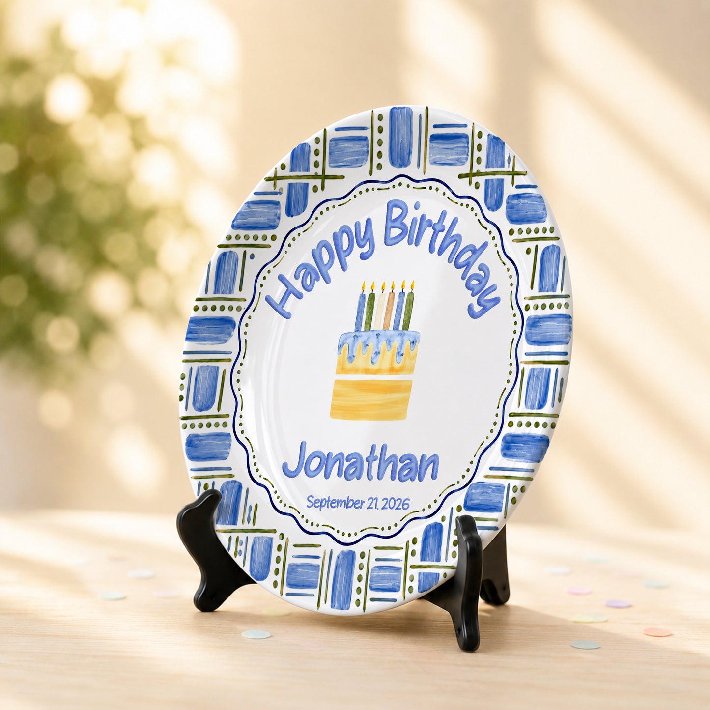 Blue Plaid Personalized Birthday Plate for Boys, Custom Birthday Keepsake Gift P730VM90