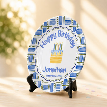 Blue Plaid Personalized Birthday Plate for Boys, Custom Birthday Keepsake Gift P730VM90