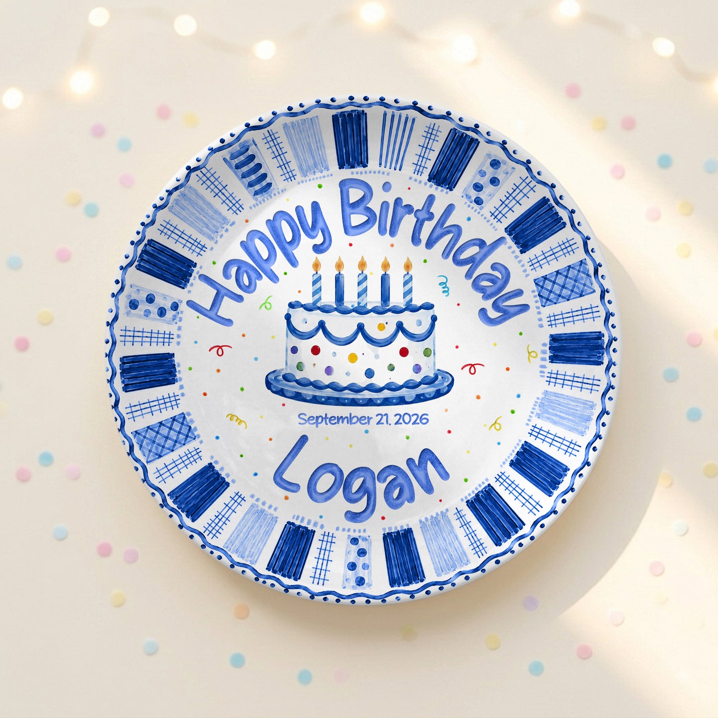 Blue Checkered Cake Personalized Birthday Plate for Boys Birthday Gift P812TGN0