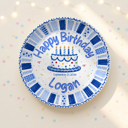Blue Checkered Cake Personalized Birthday Plate for Boys Birthday Gift P812TGN0