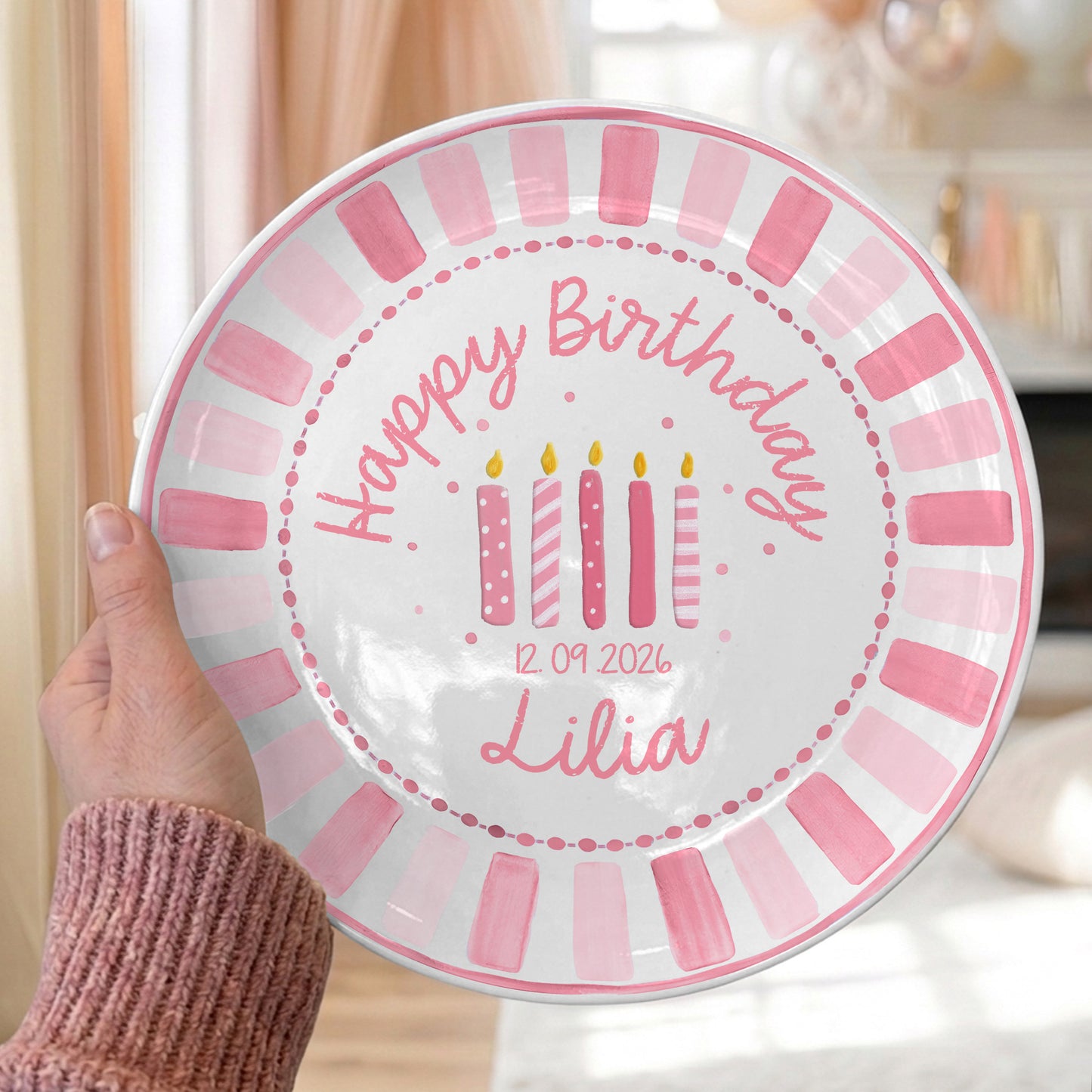Pink Striped Border with Pink Birthday Candles Personalized Birthday Plate P481HC0
