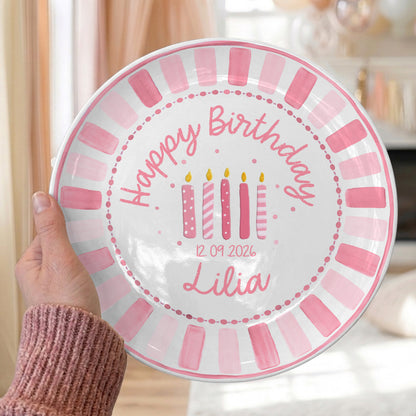 Pink Striped Border with Pink Birthday Candles Personalized Birthday Plate P481HC0