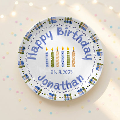 Blue Plaid Boys Custom Name First Birthday Personalized Birthday Plate P8245JH0