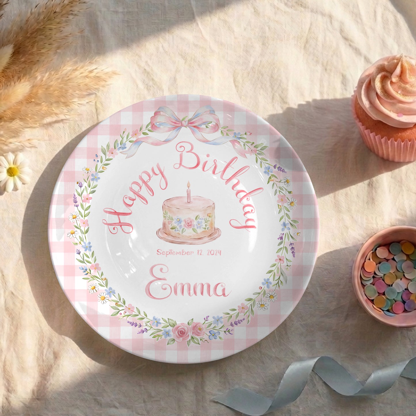 Pink Gingham Bow and Floral Wreath Cake Personalized Birthday Plate P415RRC0