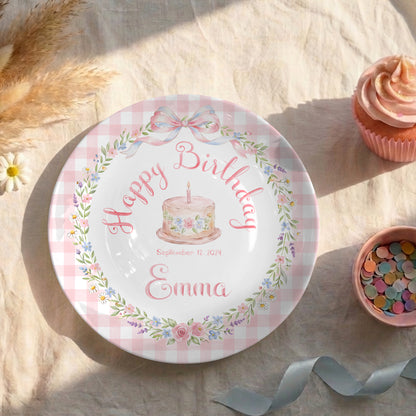 Pink Gingham Bow and Floral Wreath Cake Personalized Birthday Plate P415RRC0