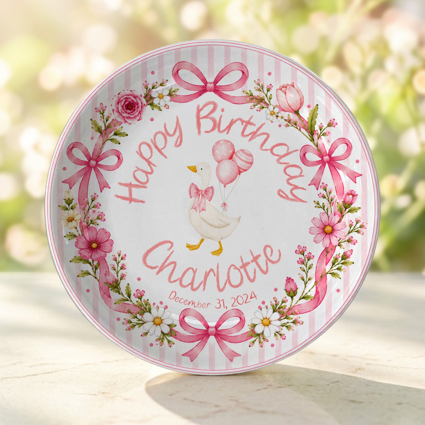 Pink Gingham Goose Keepsake Personalized Birthday Plate P718Q670