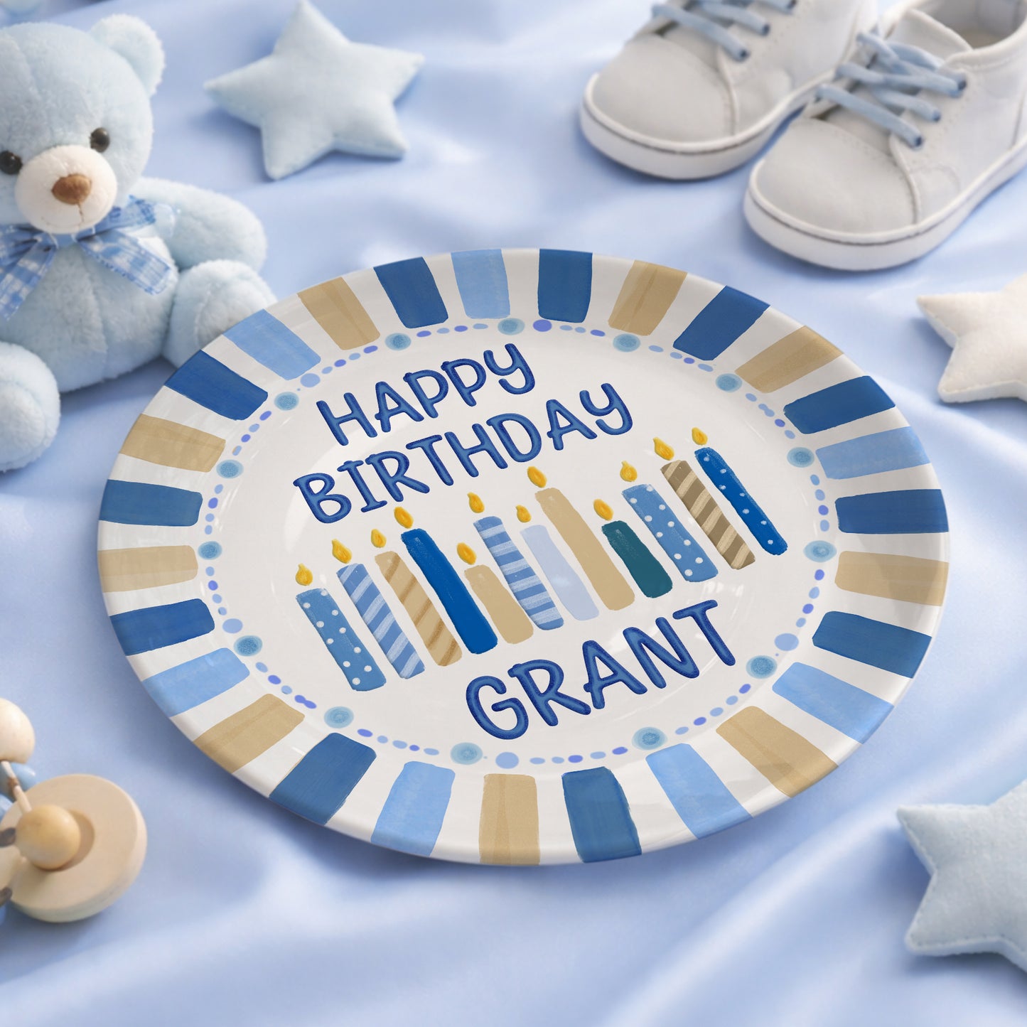 Blue and Tan Striped Border with Birthday Candles Personalized Birthday Plate D49EZG0