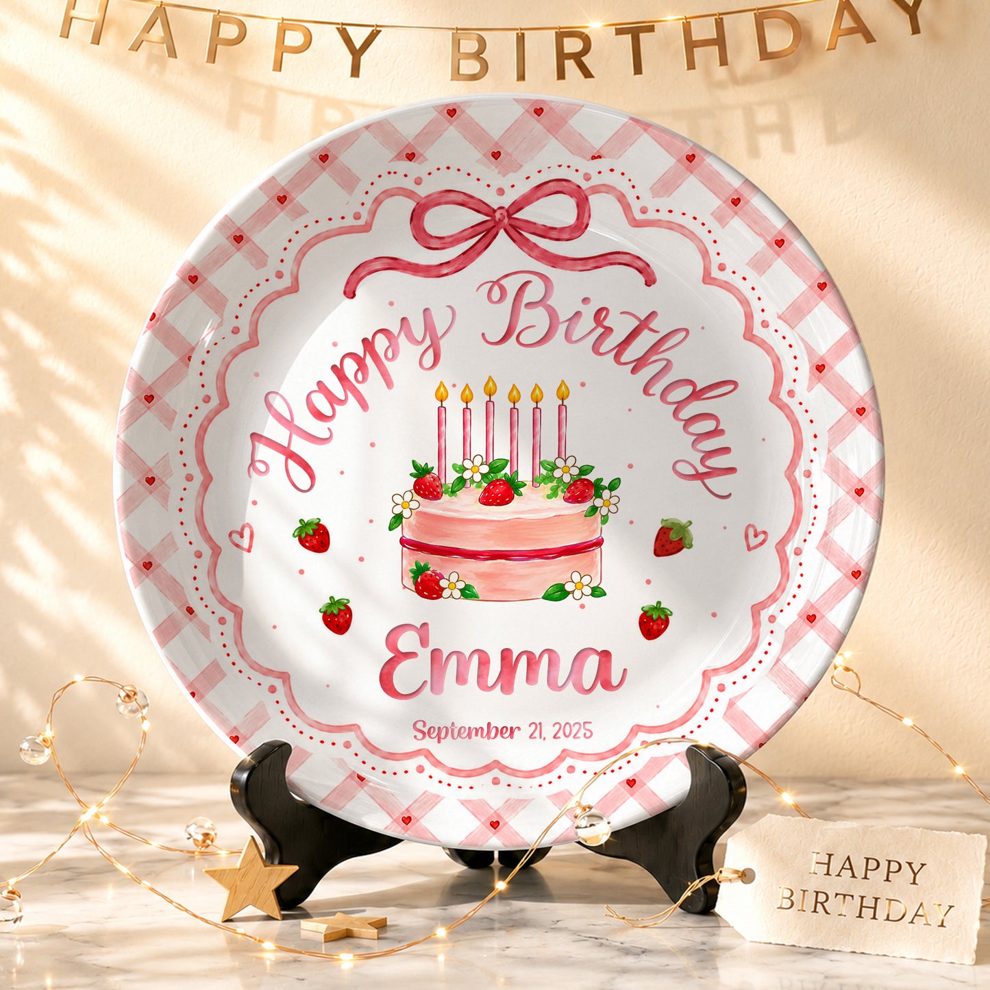 Strawberry Cake Personalized Birthday Plate for Girls, Custom Birthday Keepsake Gift P722H0R0