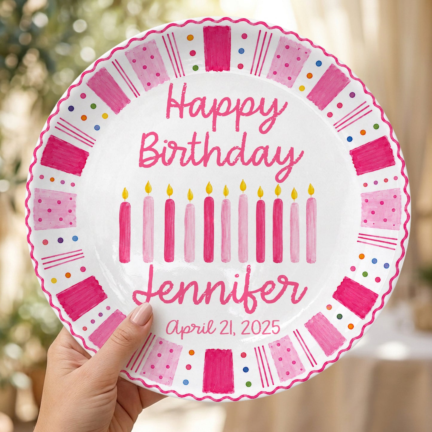 Pink Birthday Candles Personalized Birthday Plate for Kids Ceramic Keepsake Gift P86W4N0