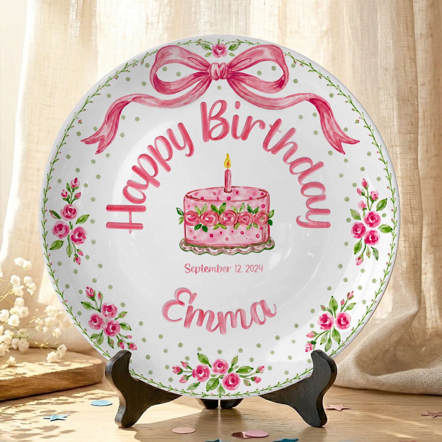 Pink Bow Rose Cake Personalized Birthday Plate P520QZN0
