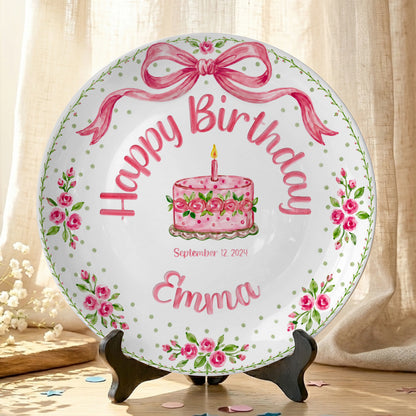 Pink Bow Rose Cake Personalized Birthday Plate P520QZN0