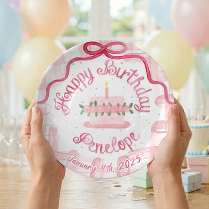 Pink Bow and Floral Cake Personalized Birthday Plate P9309RT0