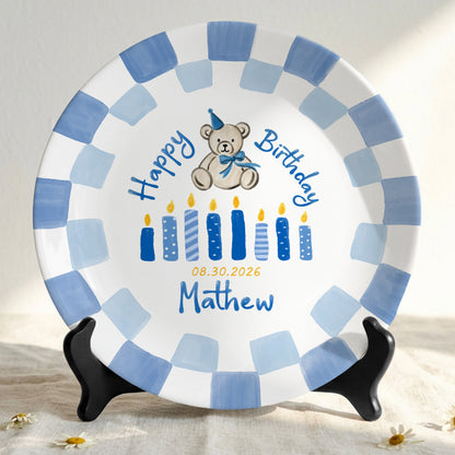 Blue Teddy Bear Birthday Cake Keepsake Personalized Birthday Plate For Kids Gift P713IUP0