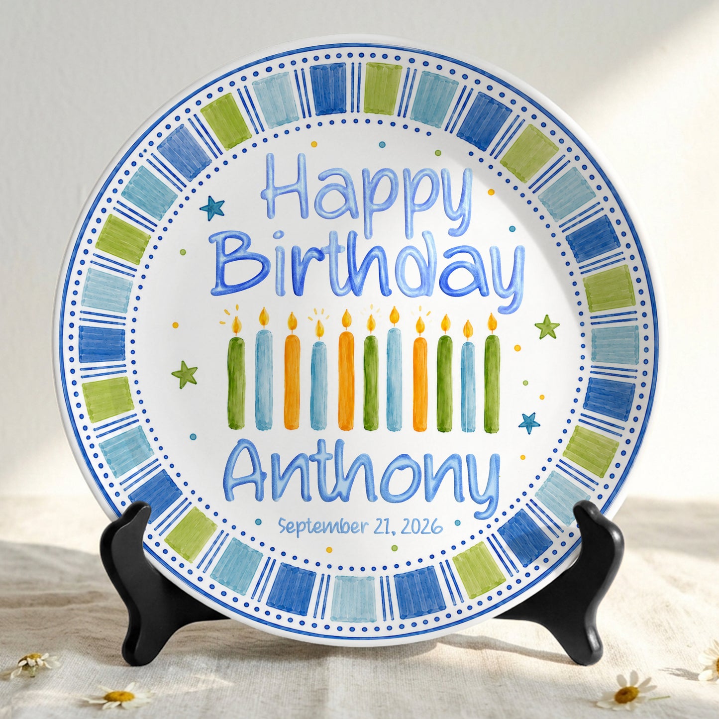 Blue Candle Celebration Personalized Birthday Plate for Kids Ceramic Keepsake Gift P728GIG0