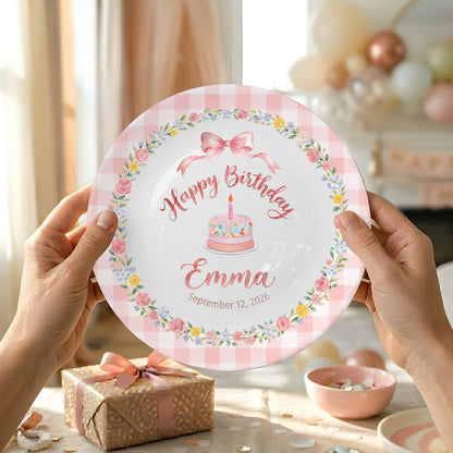 Pink Gingham Border with Floral Wreath Bow Personalized Birthday Plate P4151HJ0
