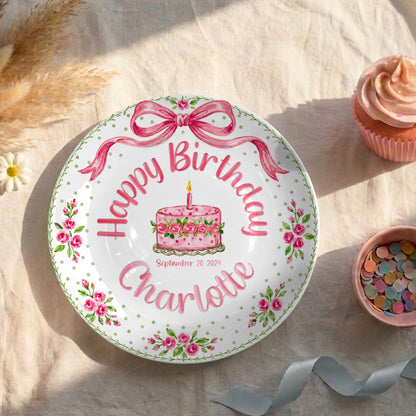 Pink Bow Rose Cake Personalized Birthday Plate P520QZN0