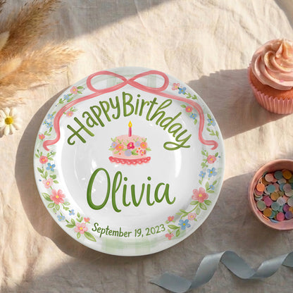 Pink Bow with Green Floral Border and Birthday Cake Personalized Birthday Plate P4156TV0