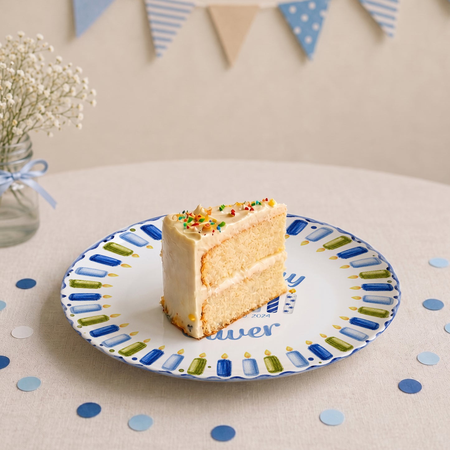 Blue Green Candle Border Personalized Birthday Plate P528HJP0