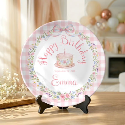 Pink Gingham Bow and Floral Wreath Cake Personalized Birthday Plate P415RRC0
