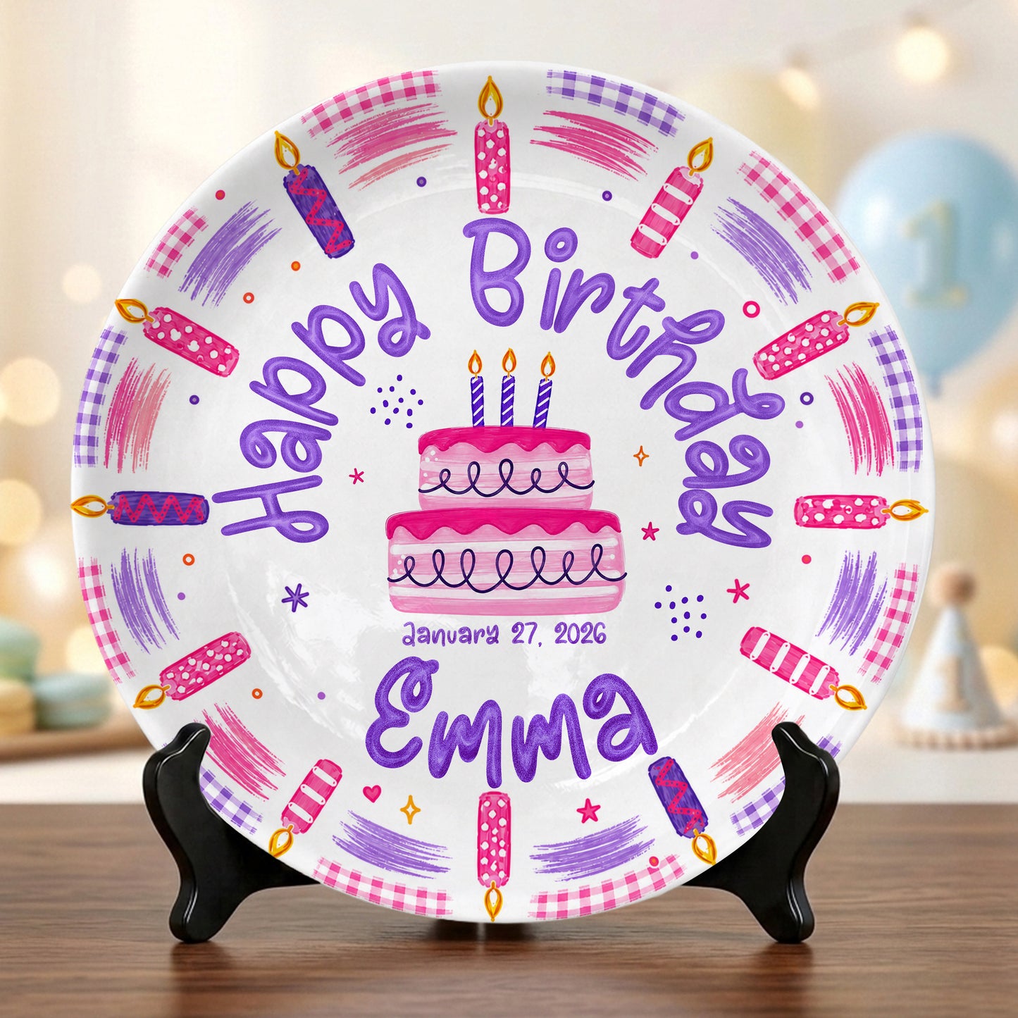 Pink Candle First Birthday Cake Keepsake Girl Personalized Birthday Plate P814VZB0