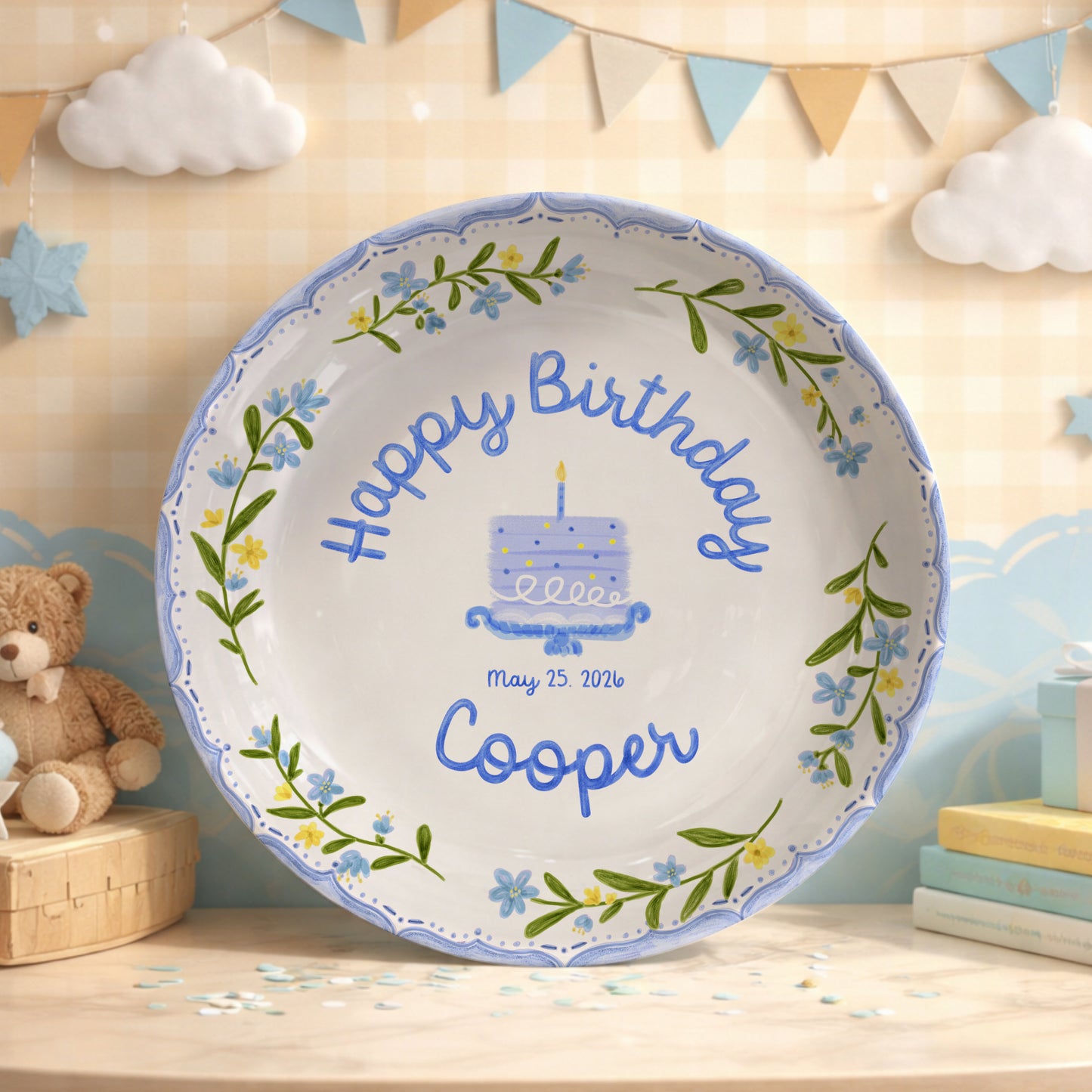 Blue Floral Cake Personalized Birthday Plate P5149BT0