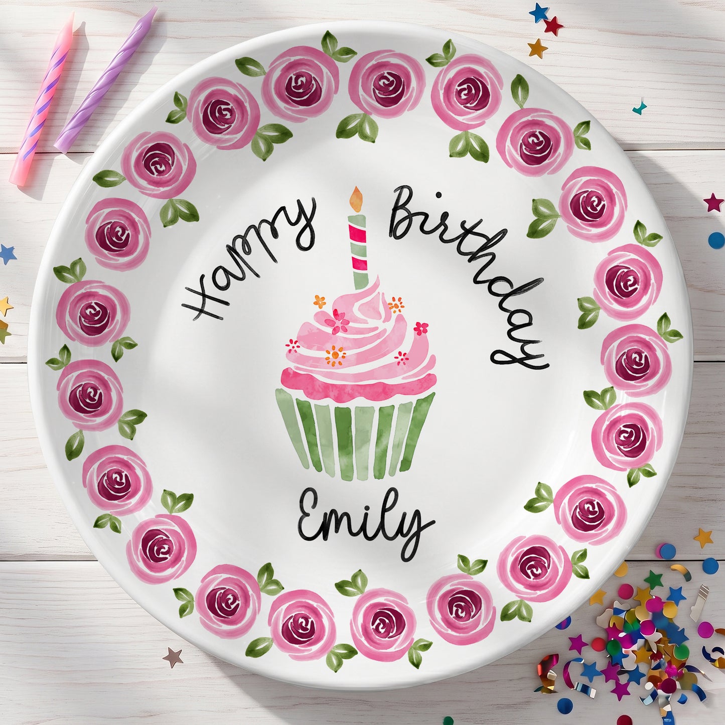 Pink Rose Cupcake Birthday Keepsake Personalized Birthday Plate P626IC7TT