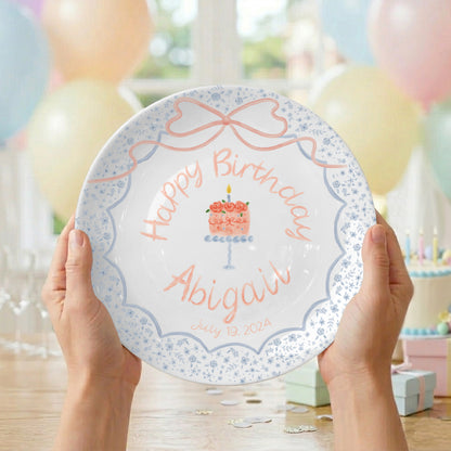 Cake with Peach Bow and Blue Floral Border Personalized Birthday Plate P1235ER0