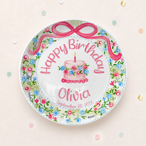 Pink Bow Floral Cake Personalized Birthday Plate P64HKN0